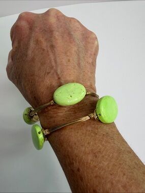 BOURBON AND BOWTIES Gold-Tone Wire Bracelet with Lime Green Stones Standard NWT